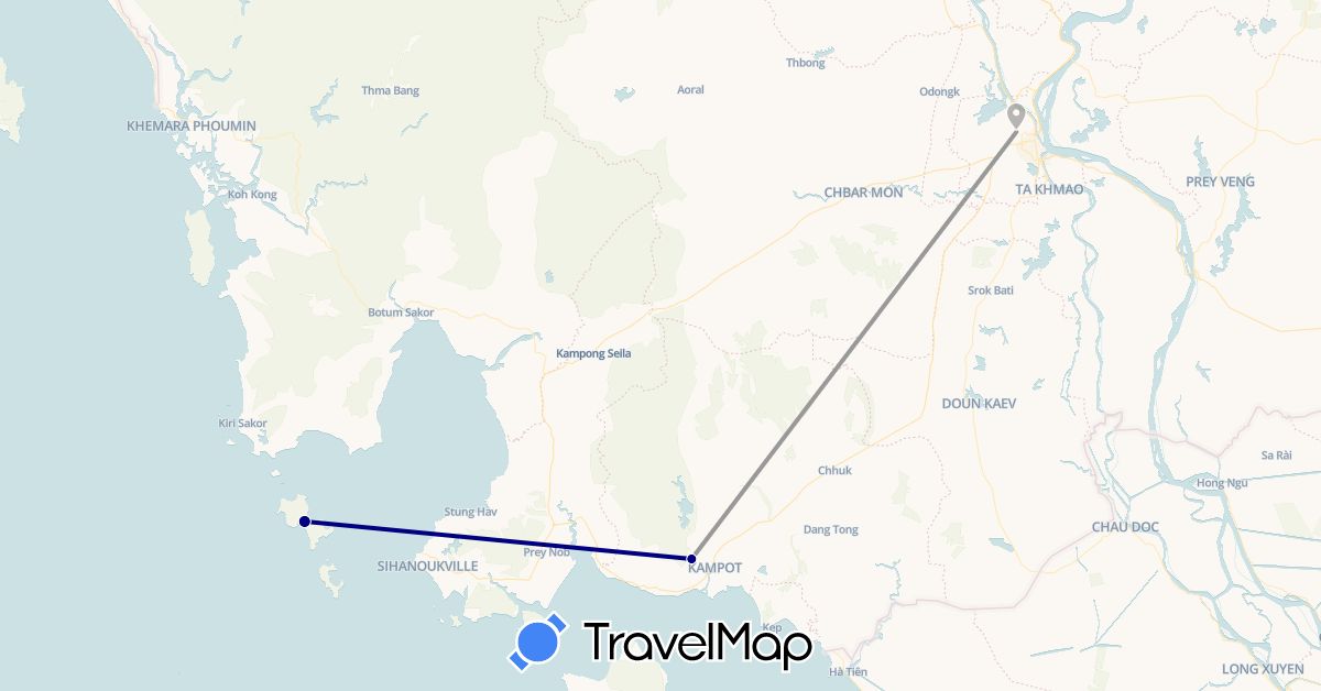 TravelMap itinerary: driving, plane in Cambodia (Asia)